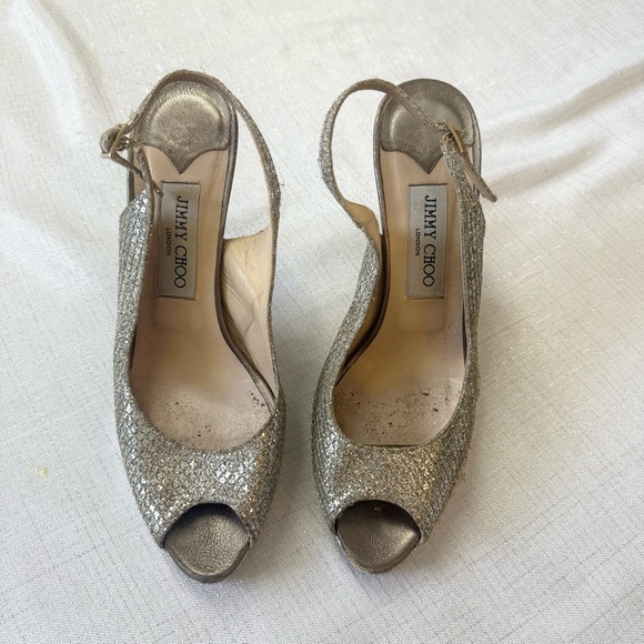 Jimmy Choo Metallic Gold Glitters Evelyn Open Toe Pumps Eu 37 1/2 - Picture 1 of 8